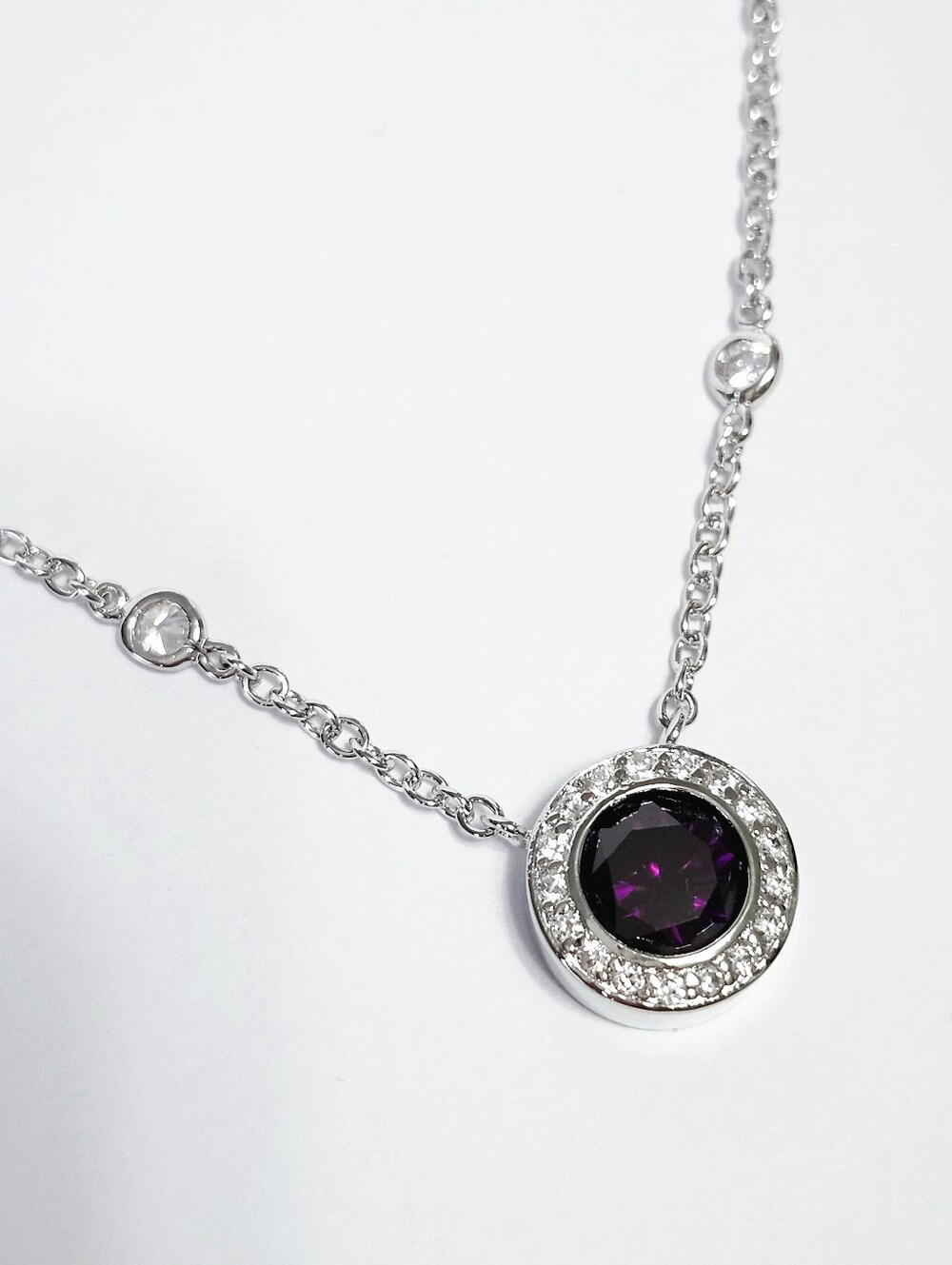 Sterling Silver Amethyst cz Pendant Stationery Necklace 16" - Picture 6 of 9